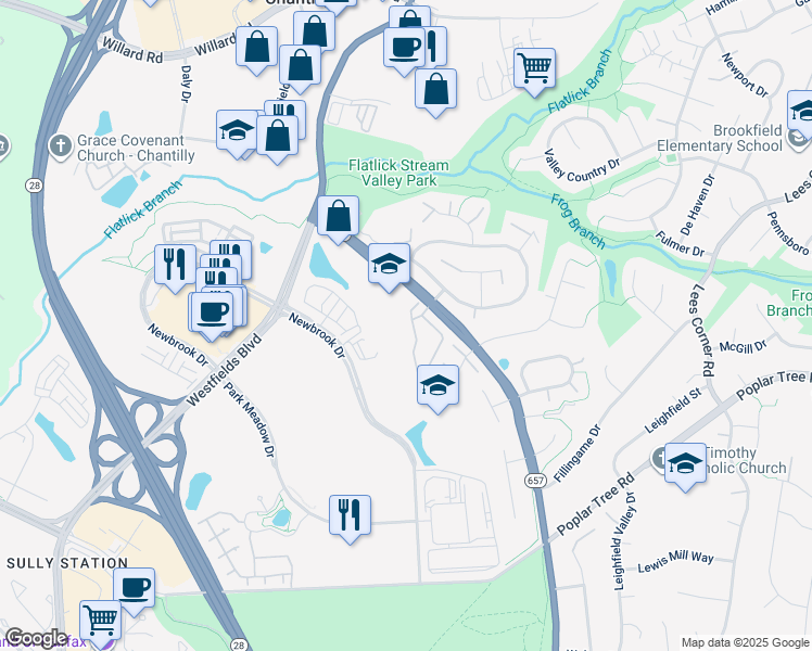 map of restaurants, bars, coffee shops, grocery stores, and more near 4636 Flatlick Branch Drive in Chantilly