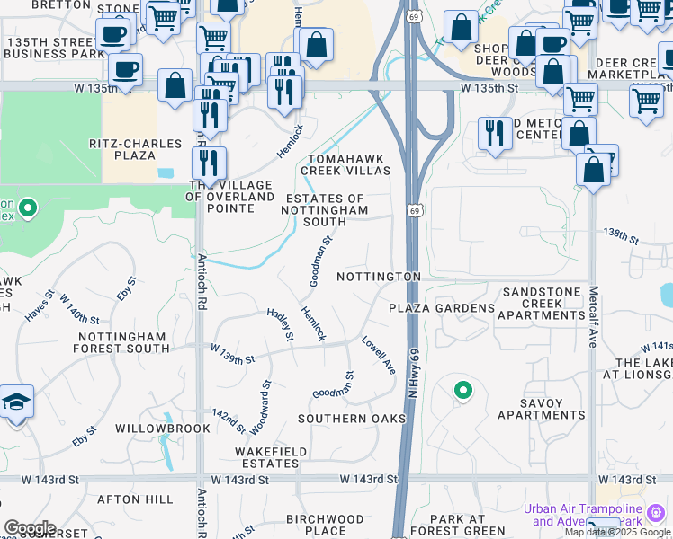 map of restaurants, bars, coffee shops, grocery stores, and more near 8019 West 138th Terrace in Overland Park