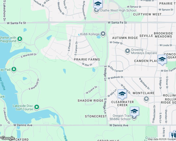 map of restaurants, bars, coffee shops, grocery stores, and more near 2307 West Elm Street in Olathe