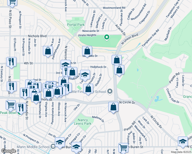 map of restaurants, bars, coffee shops, grocery stores, and more near 3202 Poinsetta Drive in Colorado Springs