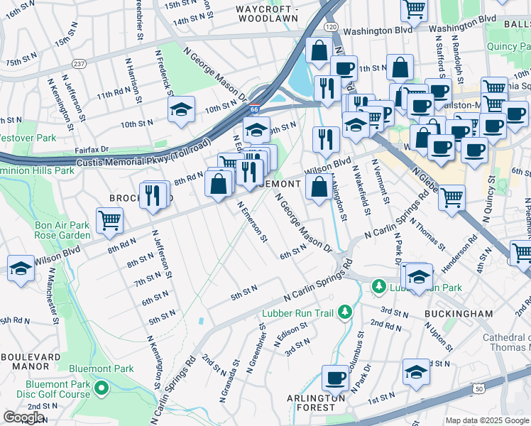 map of restaurants, bars, coffee shops, grocery stores, and more near 728 North Edison Street in Arlington