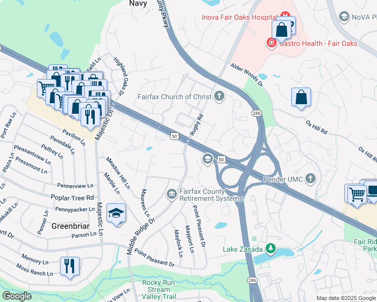 map of restaurants, bars, coffee shops, grocery stores, and more near 4001 Middle Ridge Drive in Fairfax