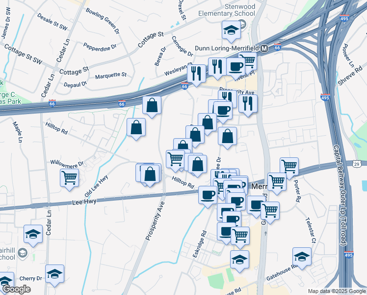 map of restaurants, bars, coffee shops, grocery stores, and more near 2810 Dorr Avenue in Fairfax