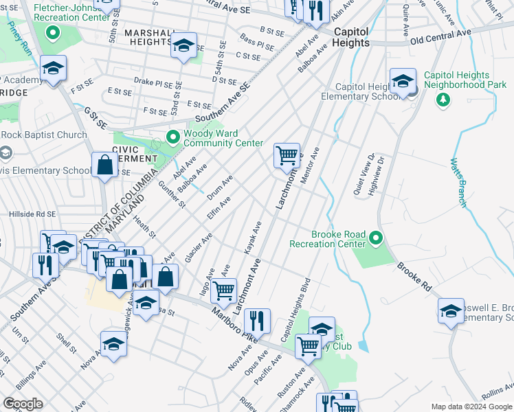 map of restaurants, bars, coffee shops, grocery stores, and more near 4919 Fable Street in Capitol Heights