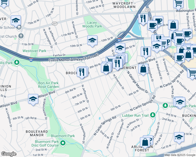 map of restaurants, bars, coffee shops, grocery stores, and more near 5304 Wilson Boulevard in Arlington