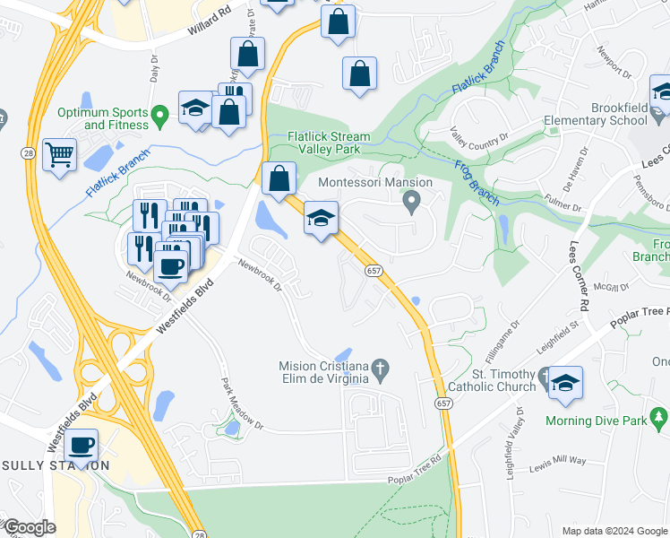 map of restaurants, bars, coffee shops, grocery stores, and more near 4636 Flatlick Branch Drive in Chantilly
