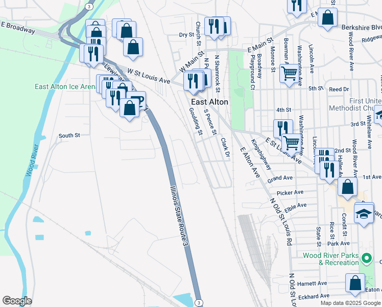 map of restaurants, bars, coffee shops, grocery stores, and more near 144 Victory Drive in East Alton