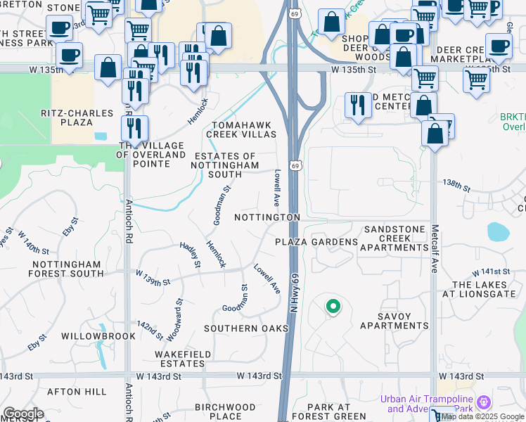 map of restaurants, bars, coffee shops, grocery stores, and more near 13829 Craig Street in Overland Park