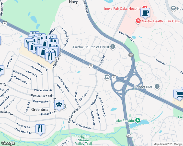 map of restaurants, bars, coffee shops, grocery stores, and more near 12802 Melvue Court in Fairfax