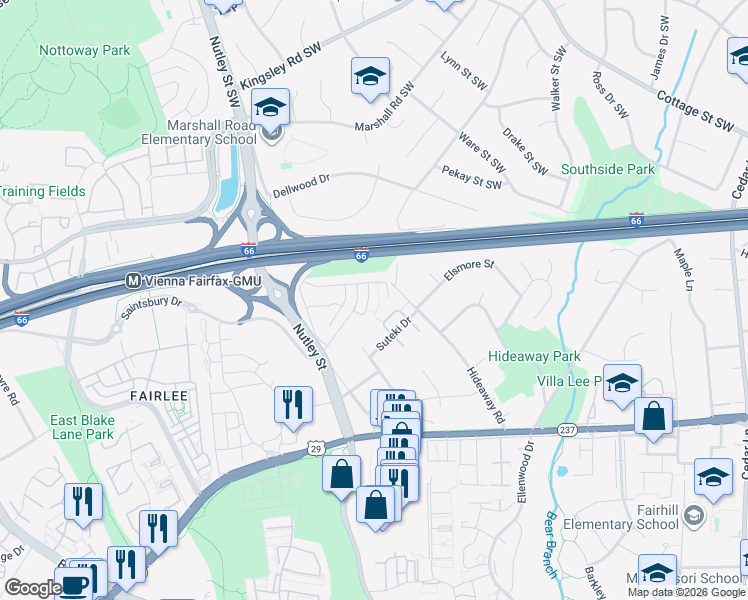 map of restaurants, bars, coffee shops, grocery stores, and more near 2877 Star Opal Drive in Fairfax