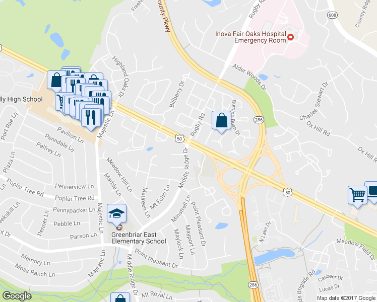 map of restaurants, bars, coffee shops, grocery stores, and more near 4001 Middle Ridge Drive in Fairfax