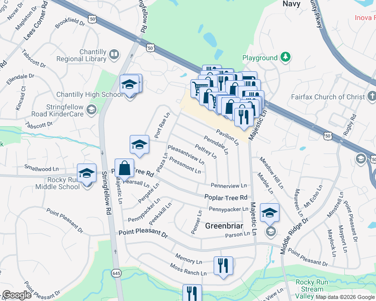 map of restaurants, bars, coffee shops, grocery stores, and more near 13224 Pleasantview Lane in Fairfax