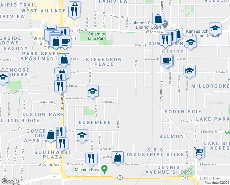 map of restaurants, bars, coffee shops, grocery stores, and more near 409 S Grant St in Olathe