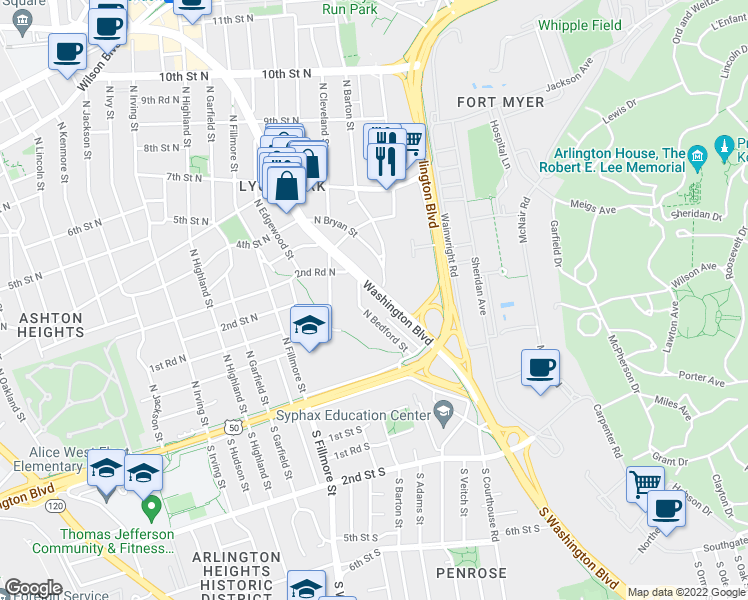 map of restaurants, bars, coffee shops, grocery stores, and more near 2500 Washington Boulevard in Arlington