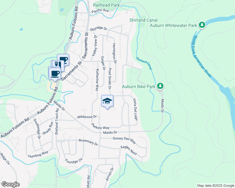 map of restaurants, bars, coffee shops, grocery stores, and more near 1505 Mary Jane Court in Auburn