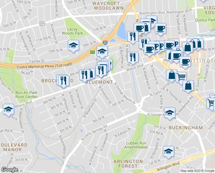 map of restaurants, bars, coffee shops, grocery stores, and more near 728 North Edison Street in Arlington