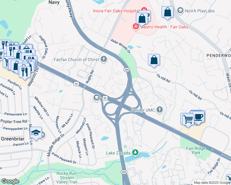 map of restaurants, bars, coffee shops, grocery stores, and more near 3965 Rosebay Court in Fairfax