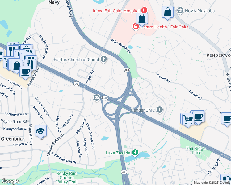 map of restaurants, bars, coffee shops, grocery stores, and more near 3965 Rosebay Court in Fairfax