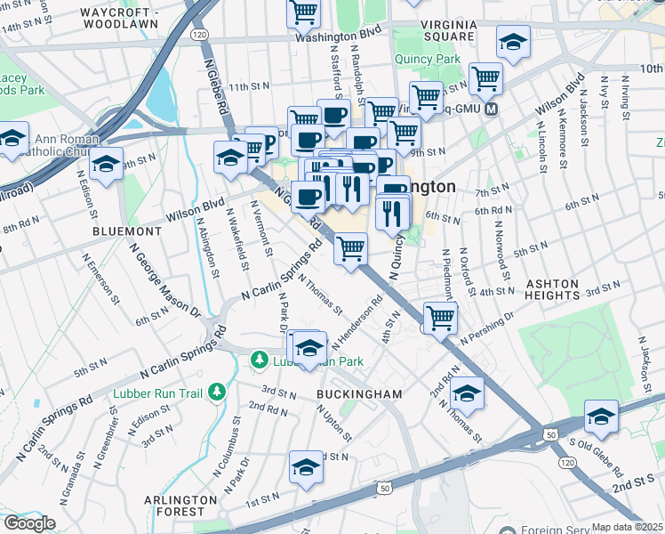map of restaurants, bars, coffee shops, grocery stores, and more near 627 North Glebe Road in Arlington
