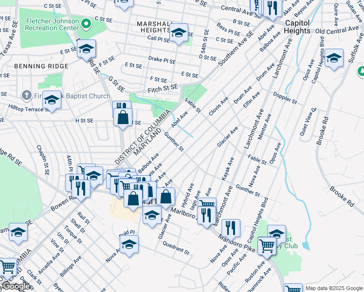 map of restaurants, bars, coffee shops, grocery stores, and more near 4712 Gunther Street in Capitol Heights