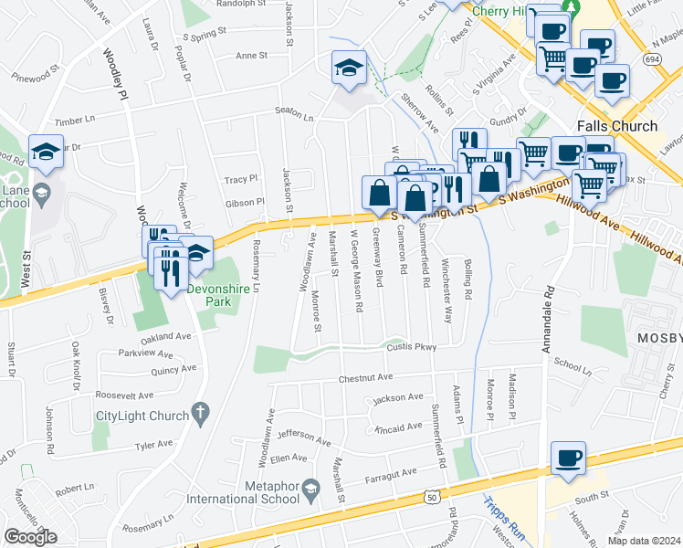 map of restaurants, bars, coffee shops, grocery stores, and more near 2813 Marshall Street in Falls Church