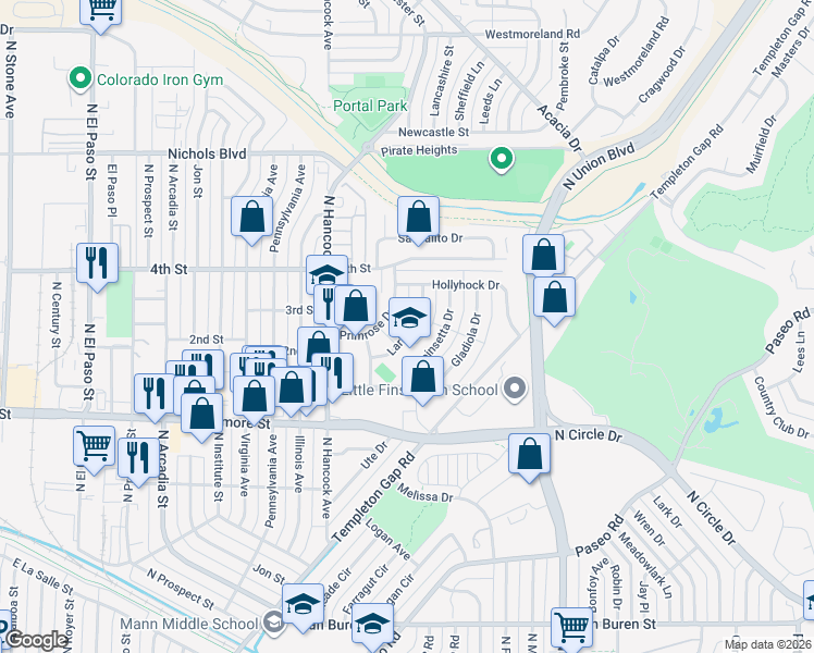 map of restaurants, bars, coffee shops, grocery stores, and more near 3130 Larkspur Drive in Colorado Springs