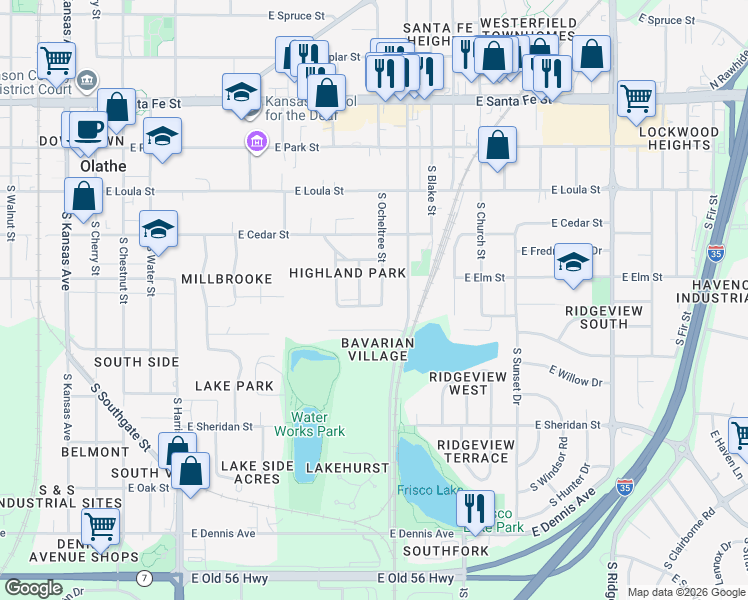 map of restaurants, bars, coffee shops, grocery stores, and more near 4415 South Ocheltree Street in Olathe