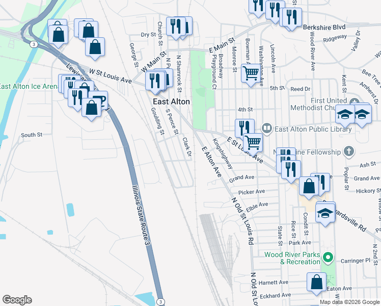 map of restaurants, bars, coffee shops, grocery stores, and more near 229 Clark Drive in East Alton