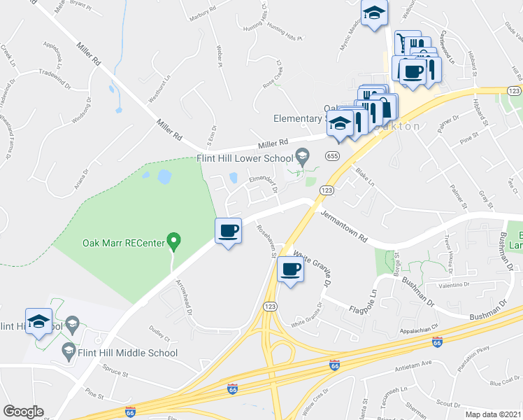 map of restaurants, bars, coffee shops, grocery stores, and more near 10525 Mereworth Lane in Vienna