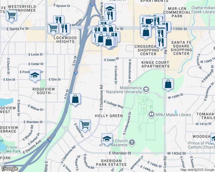 map of restaurants, bars, coffee shops, grocery stores, and more near 1611 East Elm Terrace in Olathe