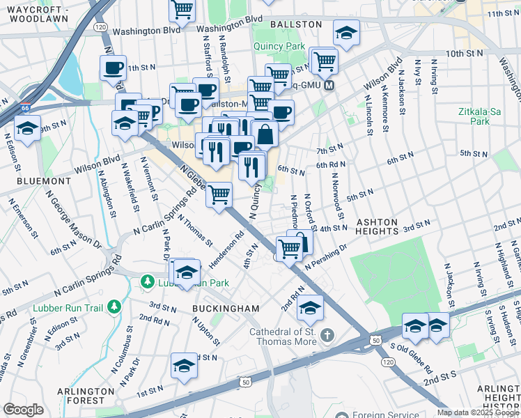 map of restaurants, bars, coffee shops, grocery stores, and more near 521 North Quincy Street in Arlington