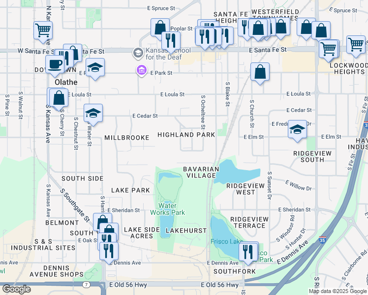 map of restaurants, bars, coffee shops, grocery stores, and more near 4418 South Lane Street in Olathe