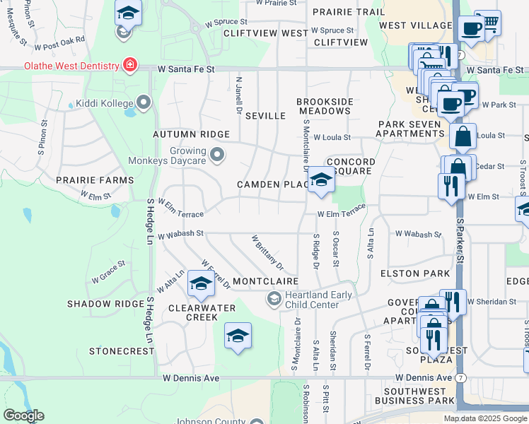 map of restaurants, bars, coffee shops, grocery stores, and more near 408 South Normandy Street in Olathe