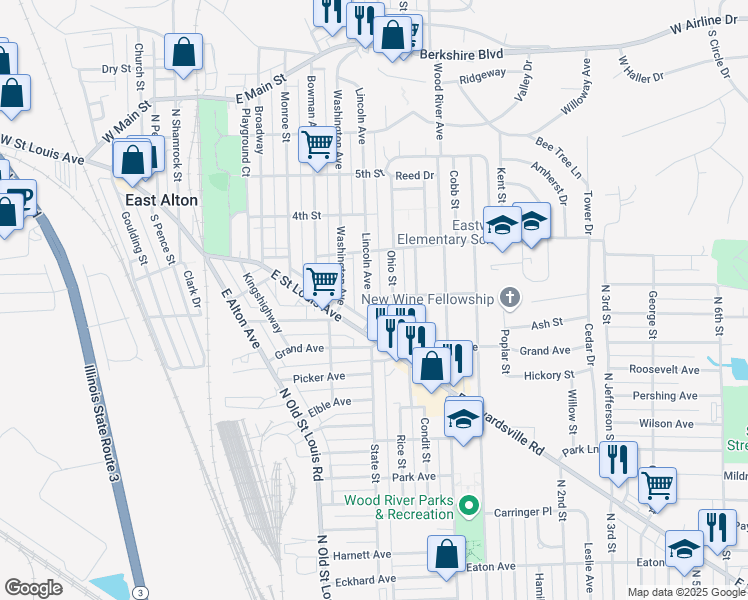 map of restaurants, bars, coffee shops, grocery stores, and more near 146 Lincoln Avenue in East Alton