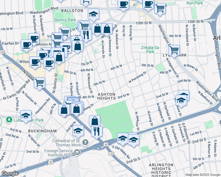 map of restaurants, bars, coffee shops, grocery stores, and more near 410 North Lincoln Street in Arlington