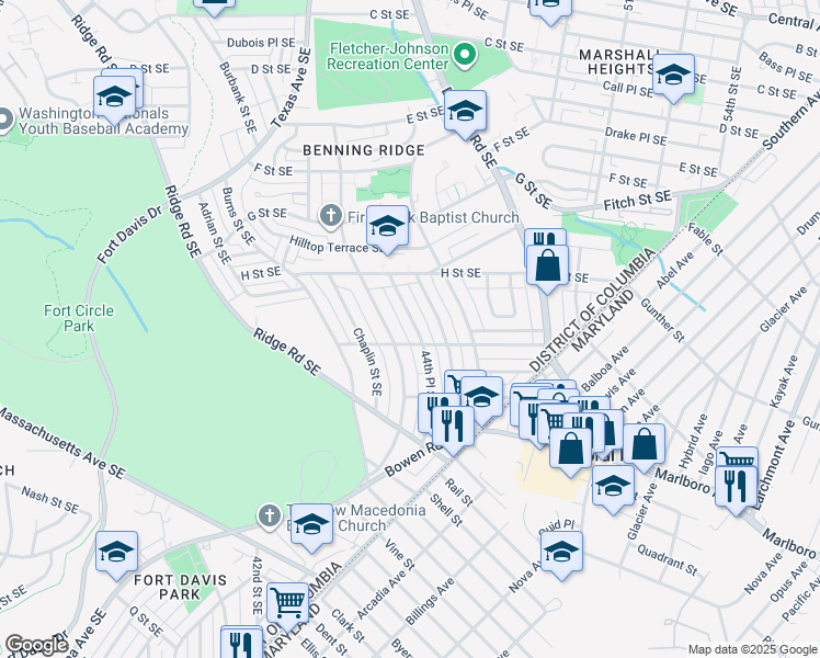 map of restaurants, bars, coffee shops, grocery stores, and more near 1147 44th Place Southeast in Washington