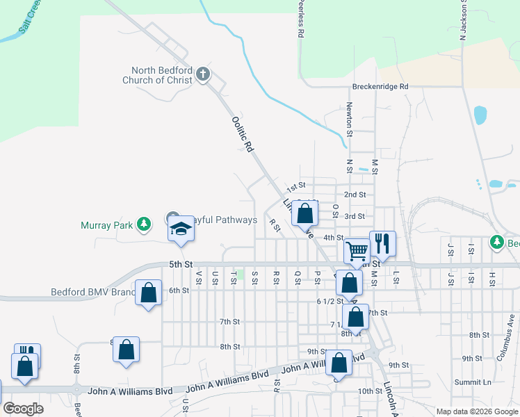 map of restaurants, bars, coffee shops, grocery stores, and more near 220 S Street in Bedford