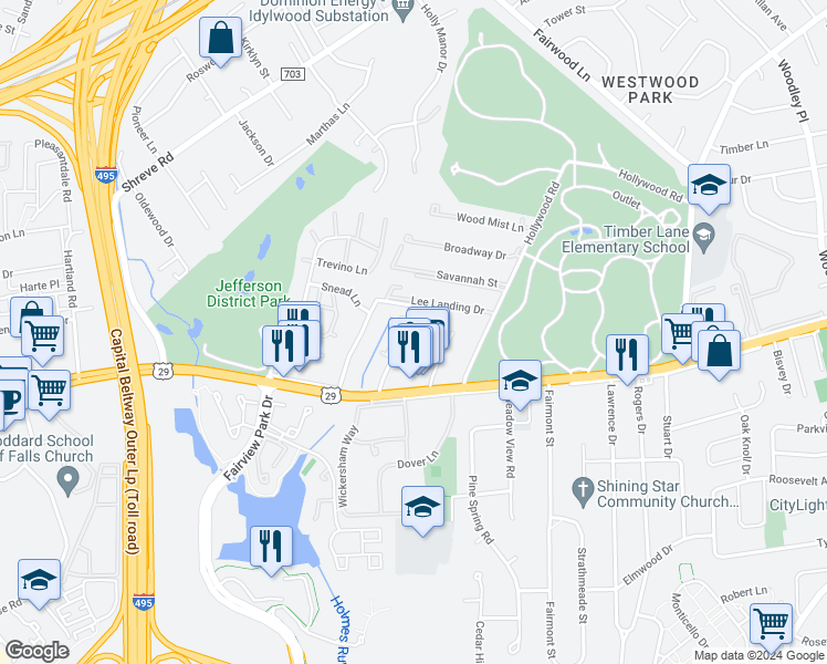 map of restaurants, bars, coffee shops, grocery stores, and more near 2850 Lester Lee Court in Falls Church