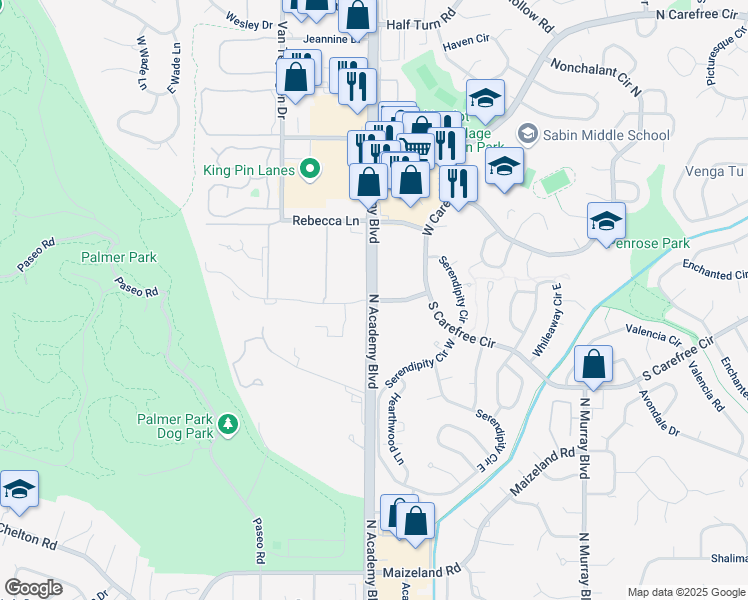 map of restaurants, bars, coffee shops, grocery stores, and more near N Academy Blvd & Village Rd S in Colorado Springs