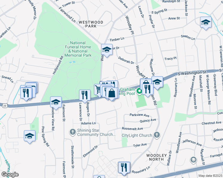 map of restaurants, bars, coffee shops, grocery stores, and more near 2813 Lee Oaks Court in Falls Church
