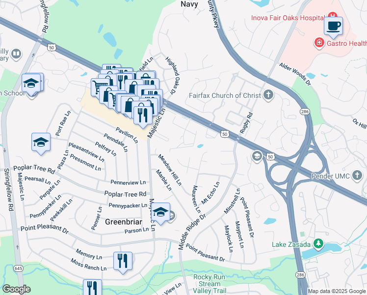 map of restaurants, bars, coffee shops, grocery stores, and more near 12943 Grays Pointe Road in Fairfax