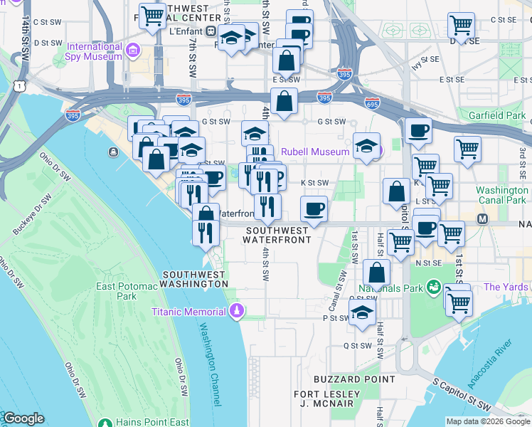 map of restaurants, bars, coffee shops, grocery stores, and more near 399 M Street Southwest in Washington