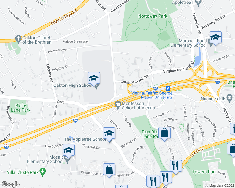 map of restaurants, bars, coffee shops, grocery stores, and more near 9646 Sutton Green Court in Vienna