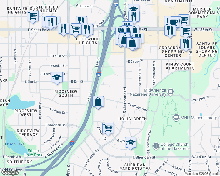 map of restaurants, bars, coffee shops, grocery stores, and more near 540 South Rogers Road in Olathe