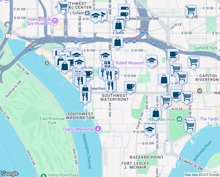 map of restaurants, bars, coffee shops, grocery stores, and more near 399 M Street Southwest in Washington
