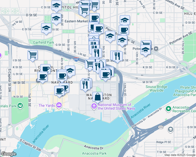 map of restaurants, bars, coffee shops, grocery stores, and more near 101 Independence Avenue Southeast in Washington