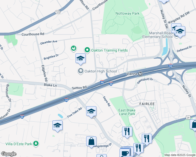 map of restaurants, bars, coffee shops, grocery stores, and more near 9646 Sutton Green Court in Vienna