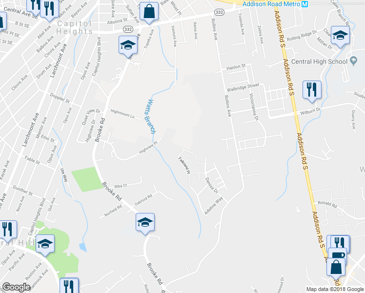 map of restaurants, bars, coffee shops, grocery stores, and more near 5700 Gladstone Way in Capitol Heights