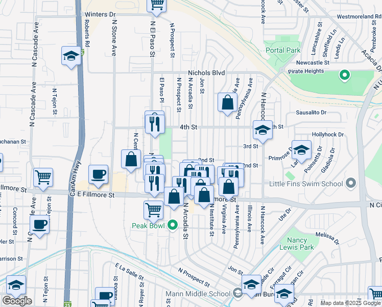 map of restaurants, bars, coffee shops, grocery stores, and more near 3105 North Arcadia Street in Colorado Springs