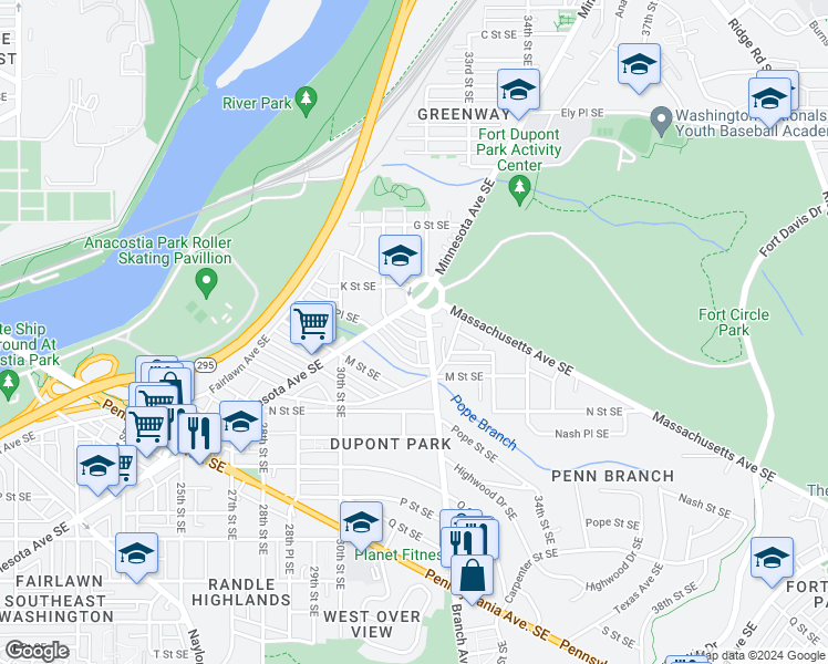 map of restaurants, bars, coffee shops, grocery stores, and more near 3128 Lyndale Place Southeast in Washington